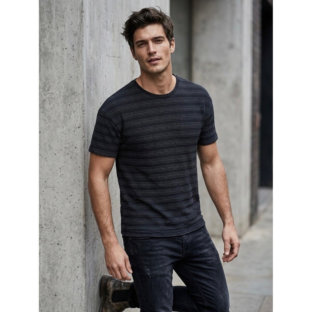AllSaints Mens Stepney Crew Neck T-Shirt Navy Blue White Textured Stripe Small